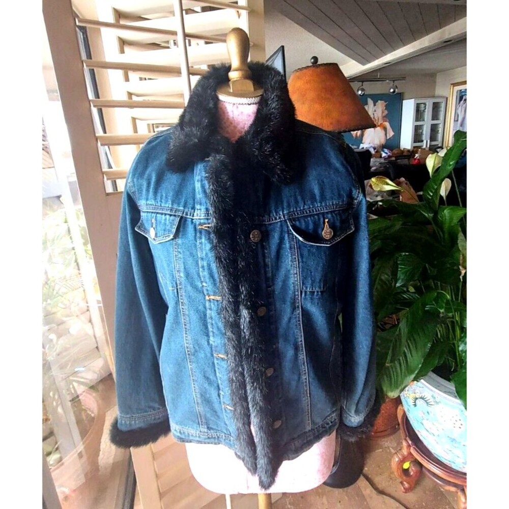 Dennis Basso Denim Jacket With Black Faux Fur Removable Vest Lining Blue Size M
